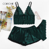 COLROVIE Army Green Sexy Floral Lace Cami Lingerie Set Burgundy Women Bra And Brief Sets Wireless Sexy Underwear Bra Set