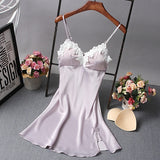 Ladies Sexy Nightdress Silk V-neck Floral Sleepwear Lingerie Babydoll Nightgown Mini Sleeveless Women Sleepshirt With Padded Bra