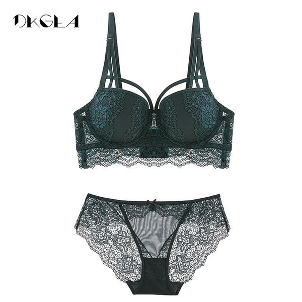 New Top Sexy Underwear Set Cotton Push-up Bra and Panty Sets 3/4 Cup Brand Green Lace Lingerie Set Women Deep V Brassiere Black