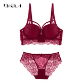 New Top Sexy Underwear Set Cotton Push-up Bra and Panty Sets 3/4 Cup Brand Green Lace Lingerie Set Women Deep V Brassiere Black