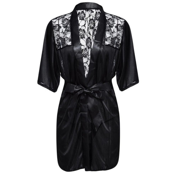 MUPLY New Hot Sexy Lingerie Plus Size Satin Lace Black Kimono Intimate Sleepwear Robe Sexy Night Gown Women Erotic Underwear