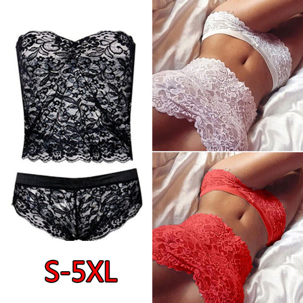 Plus Size Women Sexy Lace Lingerie Fashion Sleepwear Female Low Waist Underwear Panties Tempting Briefs Pijamas Bar Set