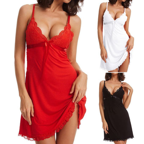 Womens Deep V-Neck Backless Nightgown Floral Lace Satin Bowknot Sleepwear Dress