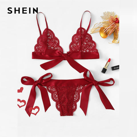 SHEIN Red Lace Lingerie Set Sleepwear V Neck Sleeveless Lace Scallop Bralette And Panty Intimate Lingerie