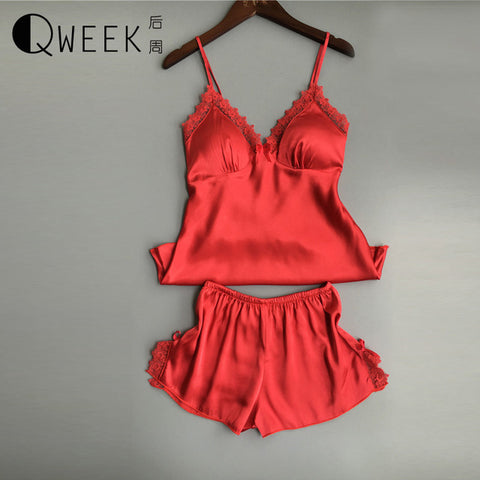 QWEEK Cotton Two Piece Set Women Sleepwear Silk Pajamas Sexy Chest Pad Nightwear Women 2019 Summer Lace Homewear Women Lingerie