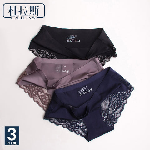 Sexy Lace Panties Seamless Women Underwear Briefs Nylon Silk for Ladies Bikini Cotton Transparent Lingerie DULASI 3 pcs set