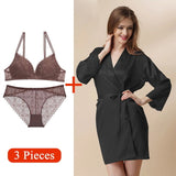 Perfering Bra Panty Robe Set Nightwear Push Up Lace Bra Set Bralette Brassiere Women Female Underwear Lingerie Pajamas Coat Lady